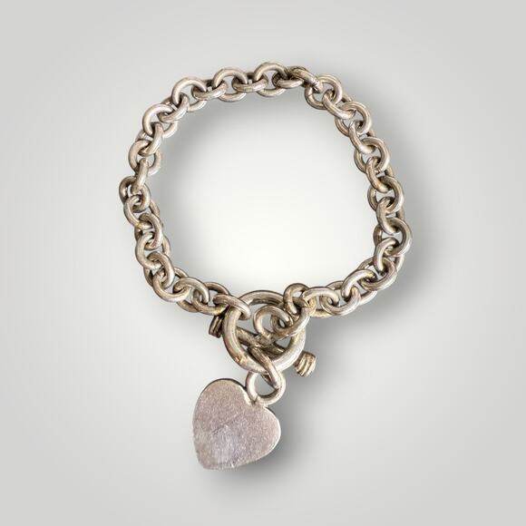 Sterling Jewelry - Solid Sterling Silver 925 Toggle Front Clasp Bald Heart Charm Bracelet 34.2g